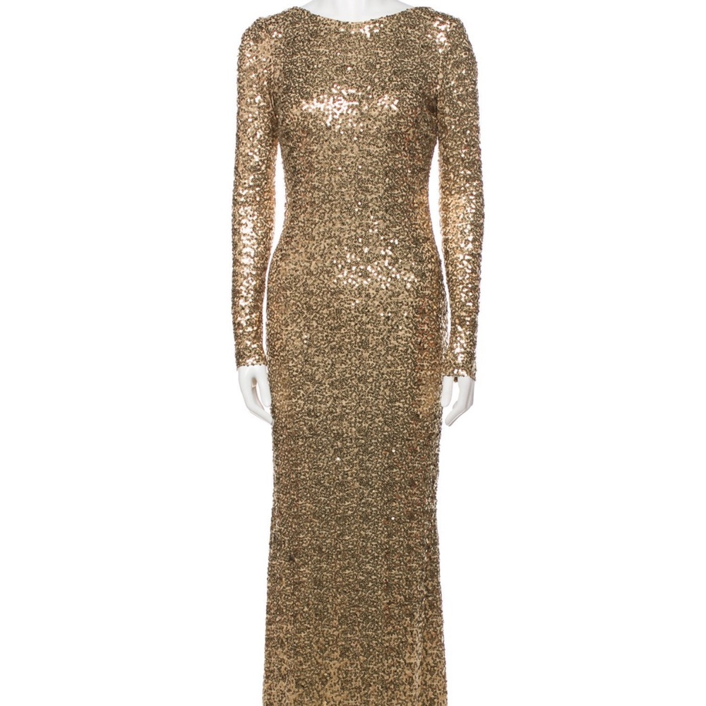 Badgley Mischka Gold Sequin Long Sleeve Gown